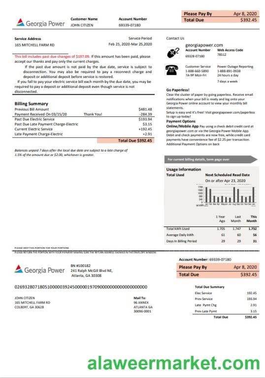 USA Georgia Power utility new brand bill template in Word and PDF format, fully editable